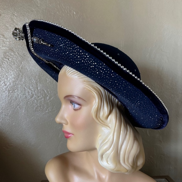 ENCHANTING 1970s\' NAVY WIDE BRIM FELT HAT + PEARLS/BEADS/GLITTER & LARGE JEWEL main image 5